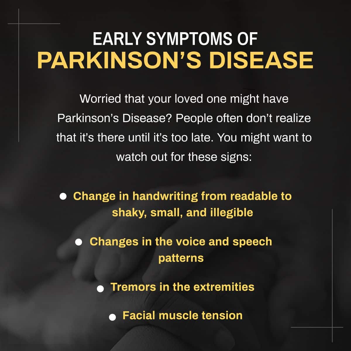 Early Symptoms of Parkinsonâs Disease #HomeCareExpertsInc # ...